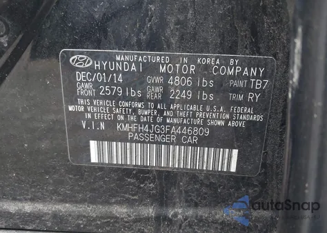 2015 Hyundai Azera Limited from USA, damaged, VIN KMHFH4JG3FA446809